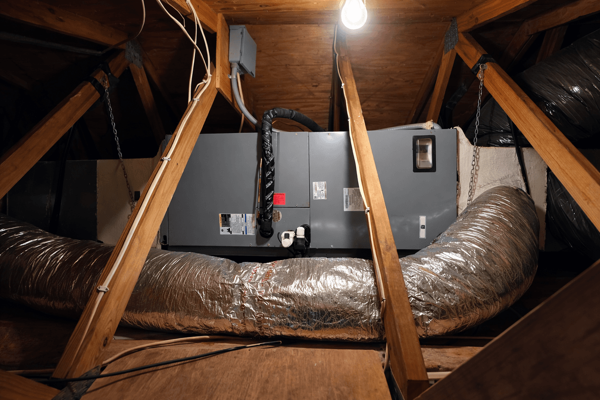 Air handler unit installed in attic — inspected during AC maintenance service
