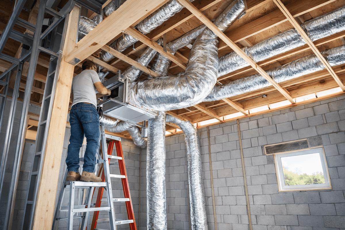 HVAC technician installing ductwork in new construction